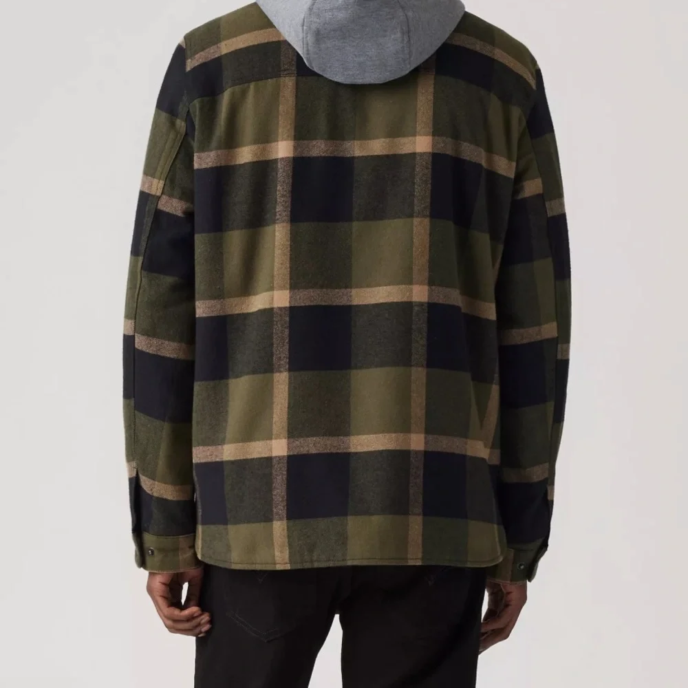 Levi’s Green Plaid Cotton Shirt Jacket With Hoodie Medium
